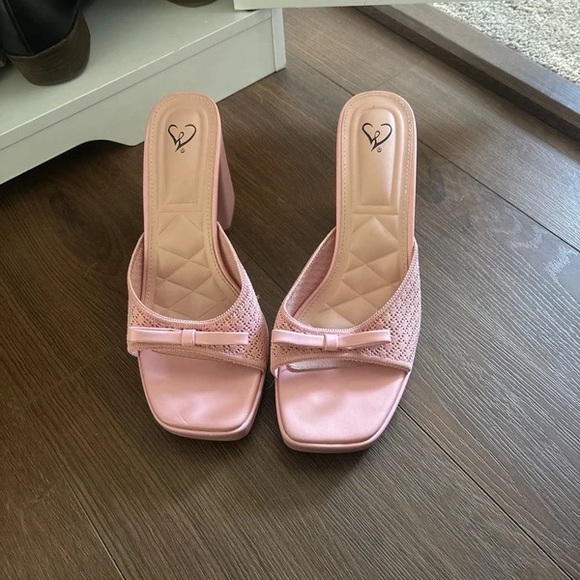 None Shoes - Heart Logo Pink Block Heel Mules - Women's Slip-On Sandals